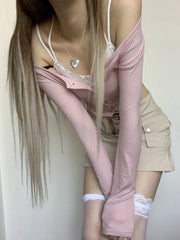 Voguable  Lace Patchwork Fake Two Piece T-shirt Coquette Aesthetic Kawaii Crop Top Janpanese Fashion Button Up Cardigan Women voguable