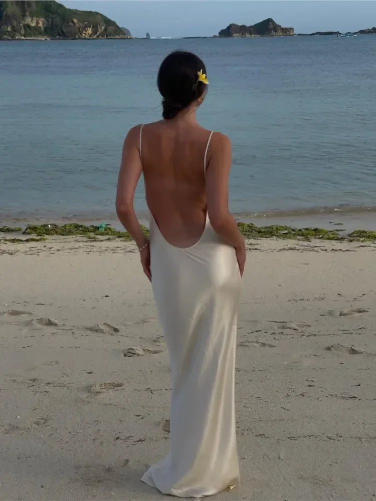 Elegant Backless Satin Women Long Dress Sexy Sleeveless U-neck Slim White Maxi Dresses 2024 Summer Female Beach Party Robes voguable