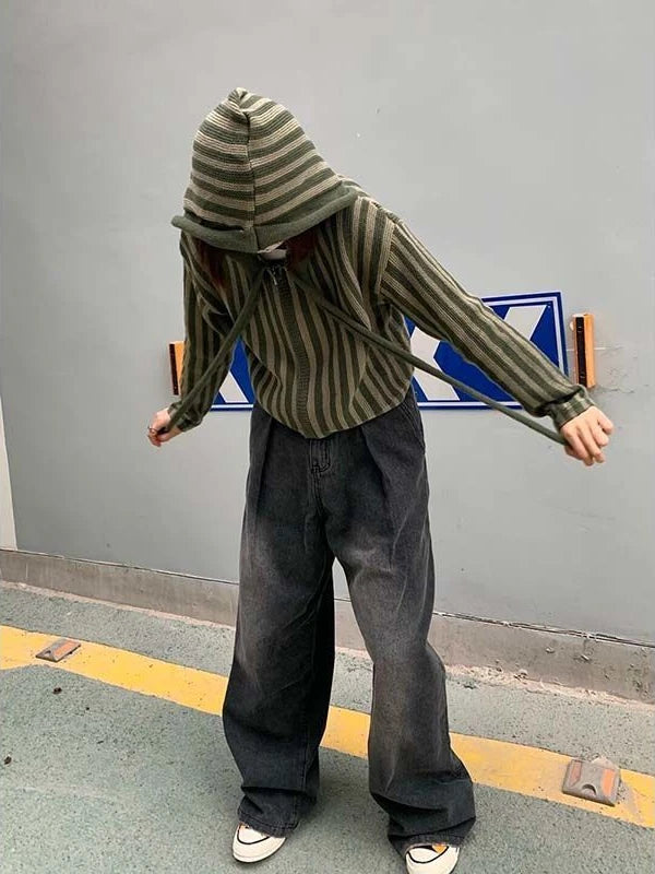 2025 Spring Autumn Korean Hooded Loose Harajuku Sweaters Women Striped Zipper Cardigan Knitted Fashion Gothic Y2k Tops Jumper voguable
