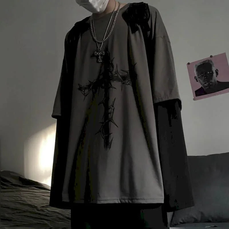 T-shirt Cross of Thorns fake two-piece for men women long-sleeved dark hip-hop loose large size autumn new trend top Simplicity voguable