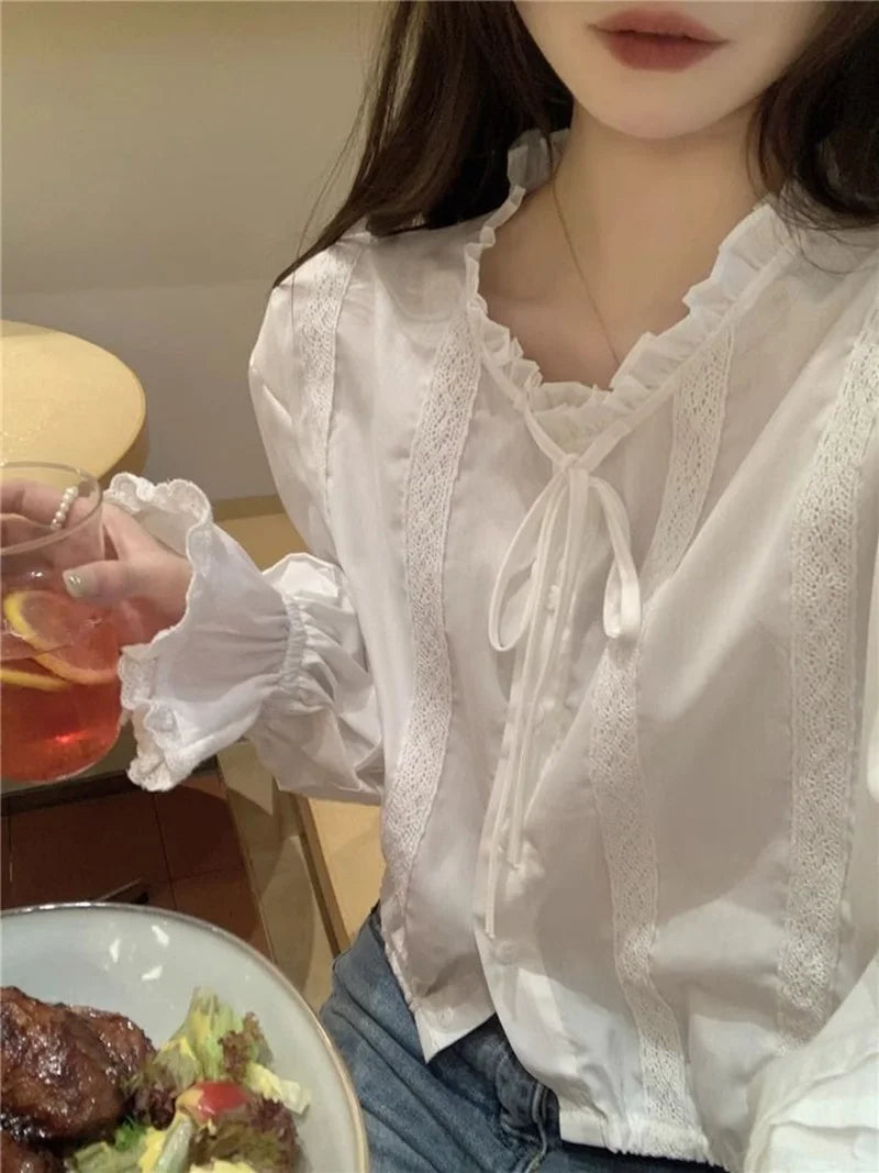 Sexy Slim Cropped White Shirt Women Sweet Lace Patchwork Flare Sleeve Blouse Fashion Fall Ruffled Neck Elegant Korean Chic Tops voguable