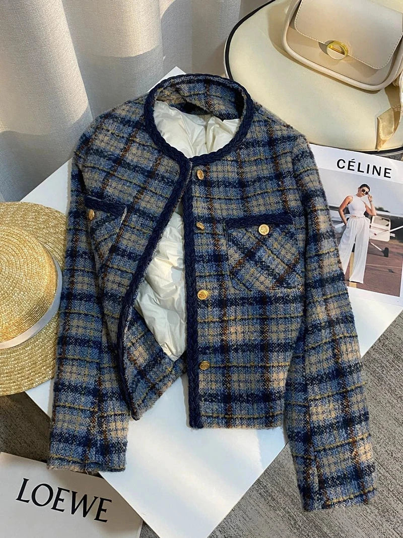 Thick Warm Elegant Tweed Jacket Women Slim Vintage Long Sleeve Winter Coat Korean Casual O Neck Female Retro Sweet Tops New voguable