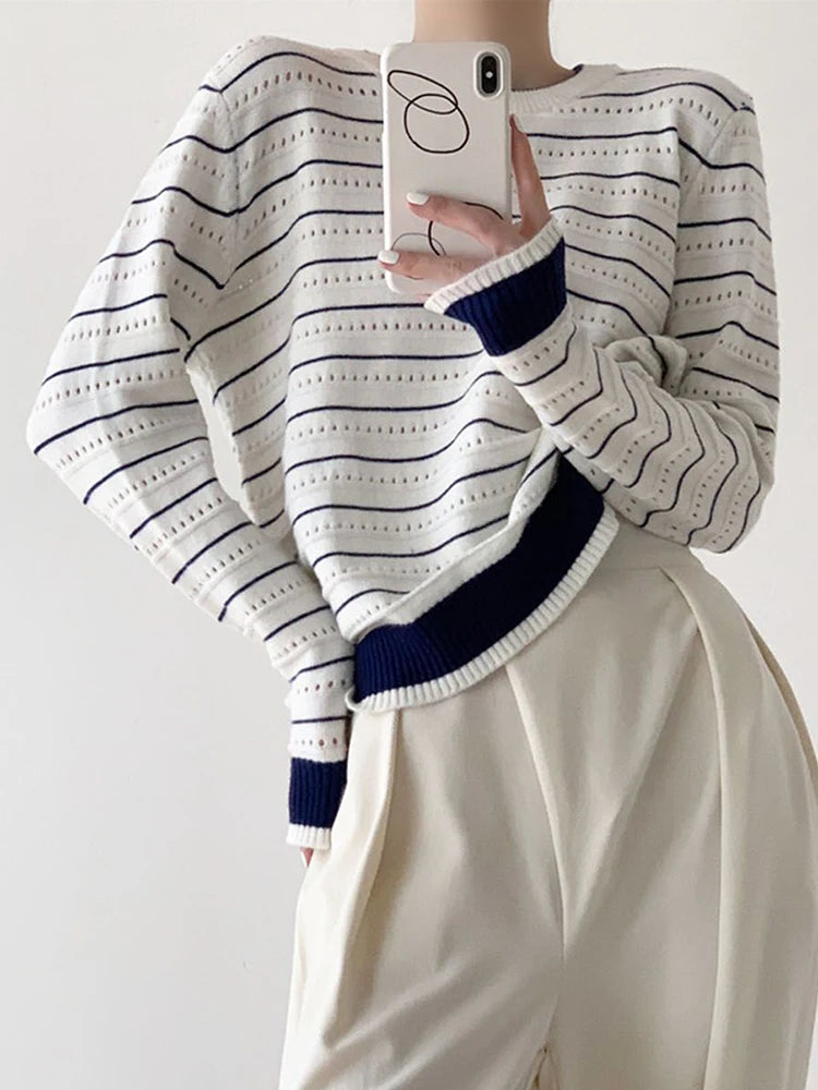 Vintage Elegant Striped Sweaters Women Loose O Neck Hollow Out Knitted Pullover French Retro Long Sleeve Casual Jumper Tops voguable