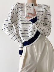 Vintage Elegant Striped Sweaters Women Loose O Neck Hollow Out Knitted Pullover French Retro Long Sleeve Casual Jumper Tops voguable