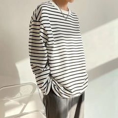 Autumn Korean Fashion Retro Heavy Striped Long Sleeve T-shirt Men Round Neck Harajuku Loose Casual Inner Wear Oversized T Shirt voguable