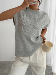 Elegant 3D floral pattern round neck knitted sweater vest for women's clothing voguable