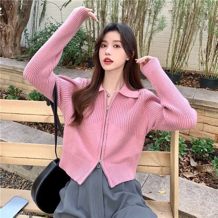 Voguable  Sweet Cute Solid Zipper Pullovers Women Fashion Leisure All-match Retro Simple Vintage Loose Female Zipper Knitwear Top voguable