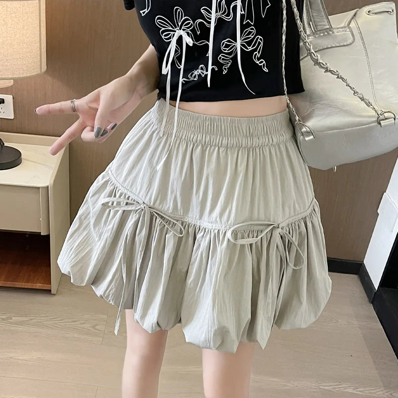 Voguable  Sweet Bow Pleated Fluffy Skirts for Women Summer Korean Style Elastic Waist Lantern Skirt Woman Loose White A-Line Short Skirts voguable