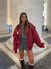 Women Wine Red Zipper Leather Jacket Casual Long Sleeve Lapel Cropped Coat Vintage Autumn Fashion Outerwear voguable