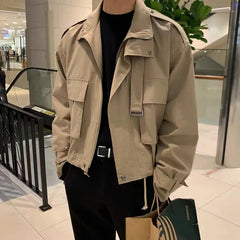 Autumn Khaki Short Workwear Jackets for Men 2024 Korean Fashion Handsome Fake Two-piece Lapel Japanese Retro Men Jacket Coat voguable