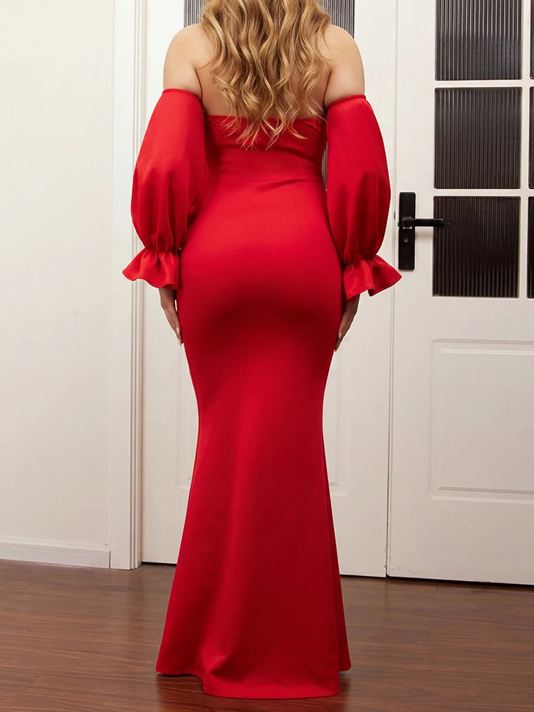 Voguable  Modern Evening Dress Strapless Lantern Sleeves Women's Evening Gowns Fish Tail Wrapped Hip Style Simple Formal Party Dresses voguable
