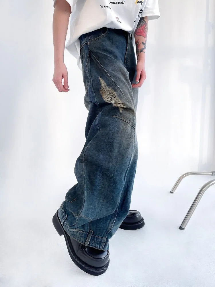 Voguable Hip Hop Ripped Jeans Men High Street Male Distressed Denim Wide Leg Pants Casual Trousers Vintage Streetwear Loose voguable
