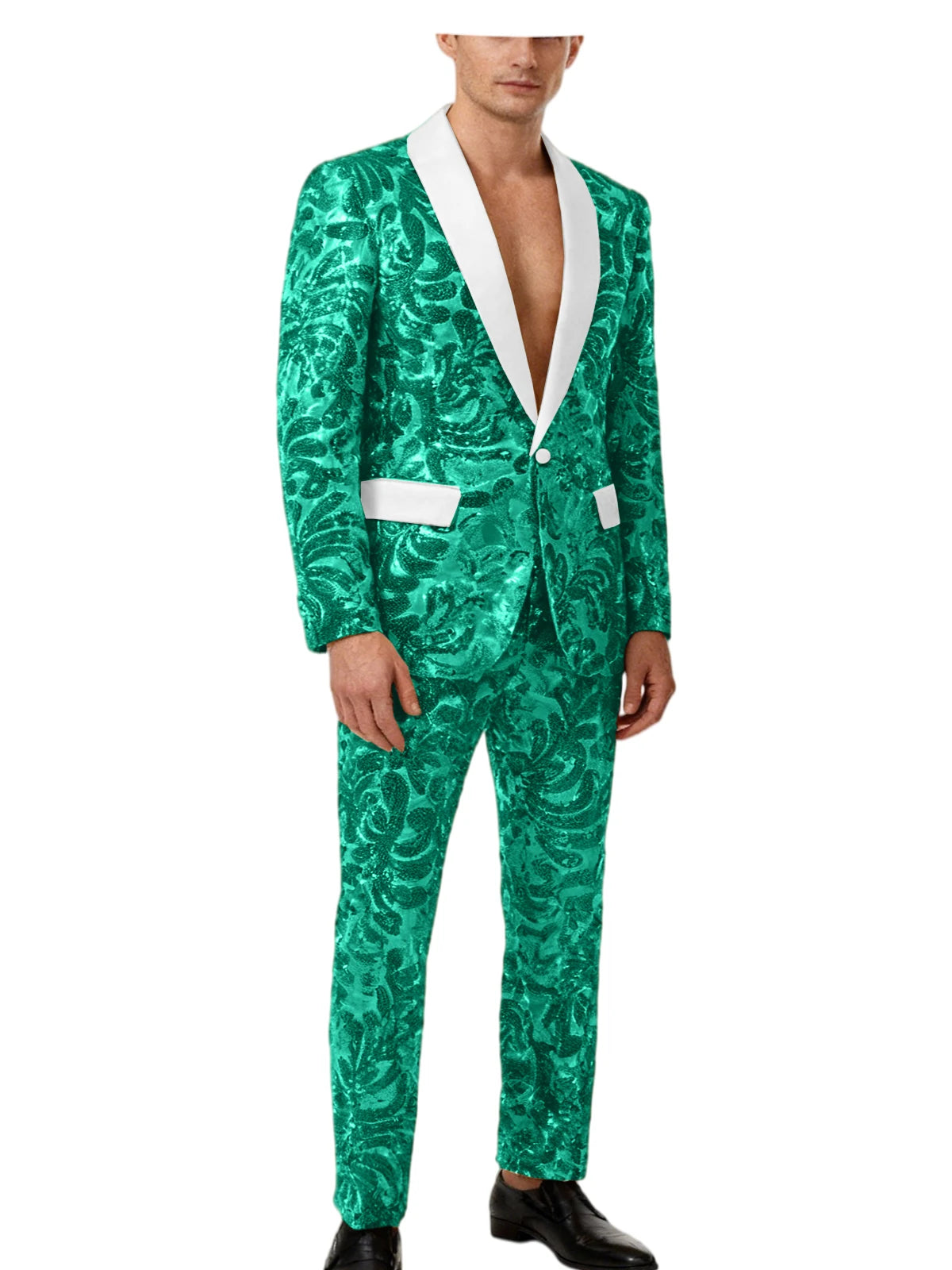 Voguable  Luxury Men's Sequin 2 Piece Set (Blazer+Pants) Shawl Collar 1 Button Slim Fit Sparkly Tuxedos Jacket Trousers for Wedding Party voguable