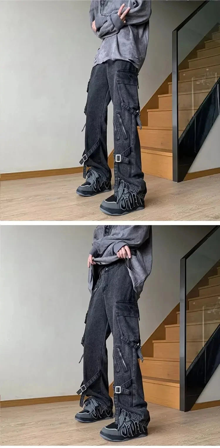 American Style Vibezip-up Trendy Jeans For Men Loose-fit Bell Bottoms Ins High Street Gangsta Style Casual Workwear voguable