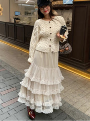 Sweet Chic Ruffle Mesh Tutu Cake Skirt Elastic Waist Beige Streetwear Long Skirt 2025 New Spring Summer A-line Fashion Skirts voguable