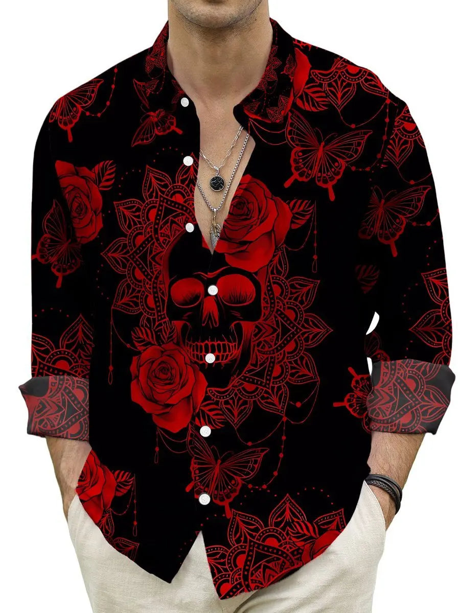 Mens Red Floral Print Long Sleeve Shirt Fashion Design Luxury Long Sleeve Tops Mens Four Seasons Button Lapel Shirt voguable