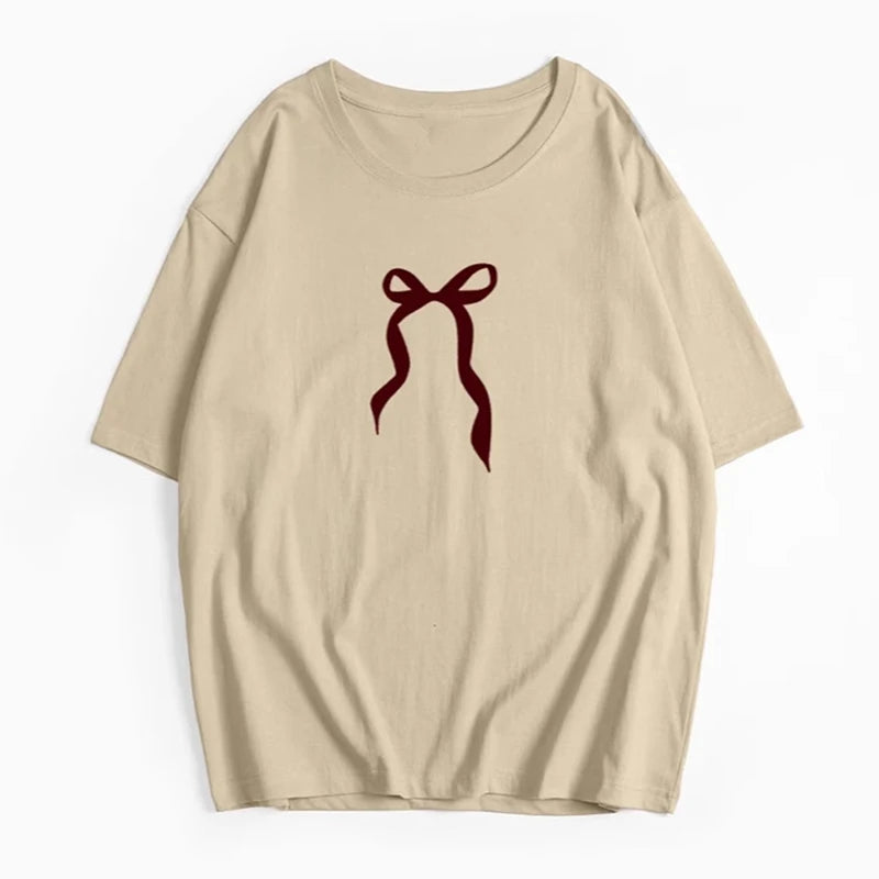 Bow Print Chic White Women T-shirt Cotton 2025 New Round Neck Short Sleeve All-match Tee White Casual Streetwear Female Top voguable