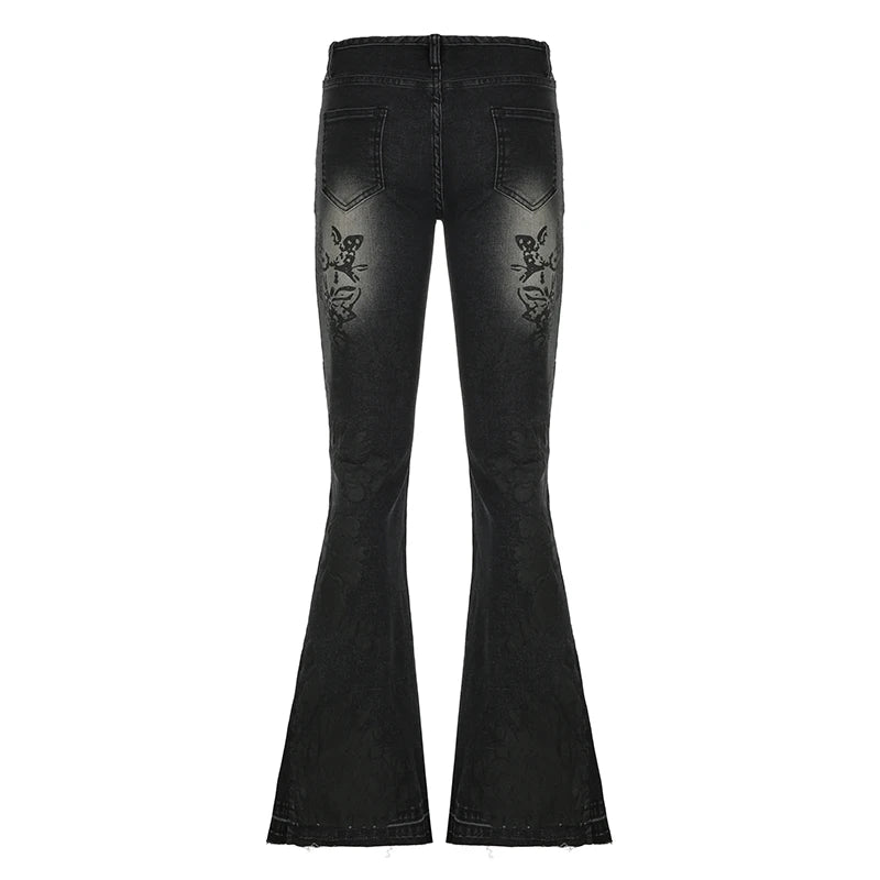 Voguable Streetwear y2k Flare Jeans Distressed 2000s Floral Print Low Rise Slim Denim Pants Korean Women Trousers Retro Mom Jeans voguable