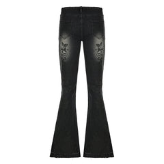Voguable Streetwear y2k Flare Jeans Distressed 2000s Floral Print Low Rise Slim Denim Pants Korean Women Trousers Retro Mom Jeans voguable