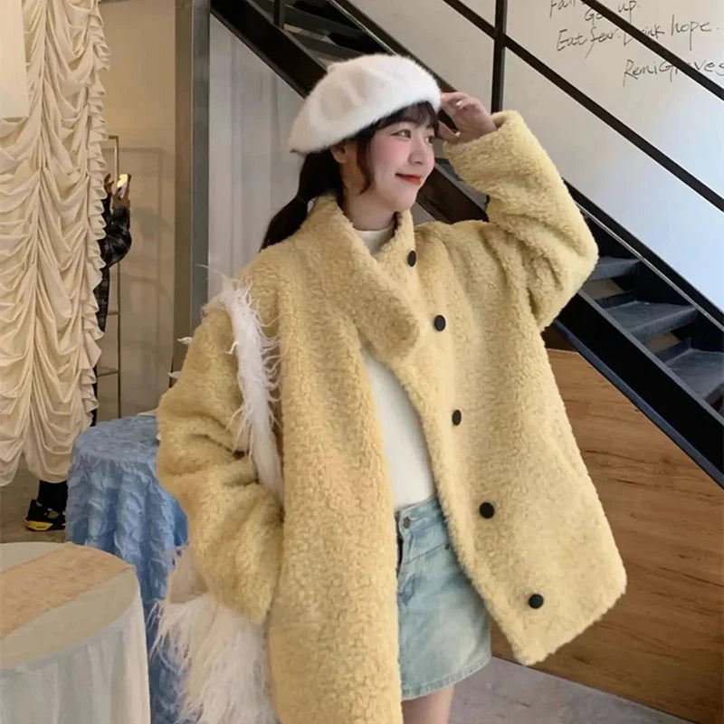 Japan Cute Faux Lamb Coat Women Loose Long Sleeve Winter Warm Retro Jacket Casual Stand Collar Preppy Style Pockets New Top voguable