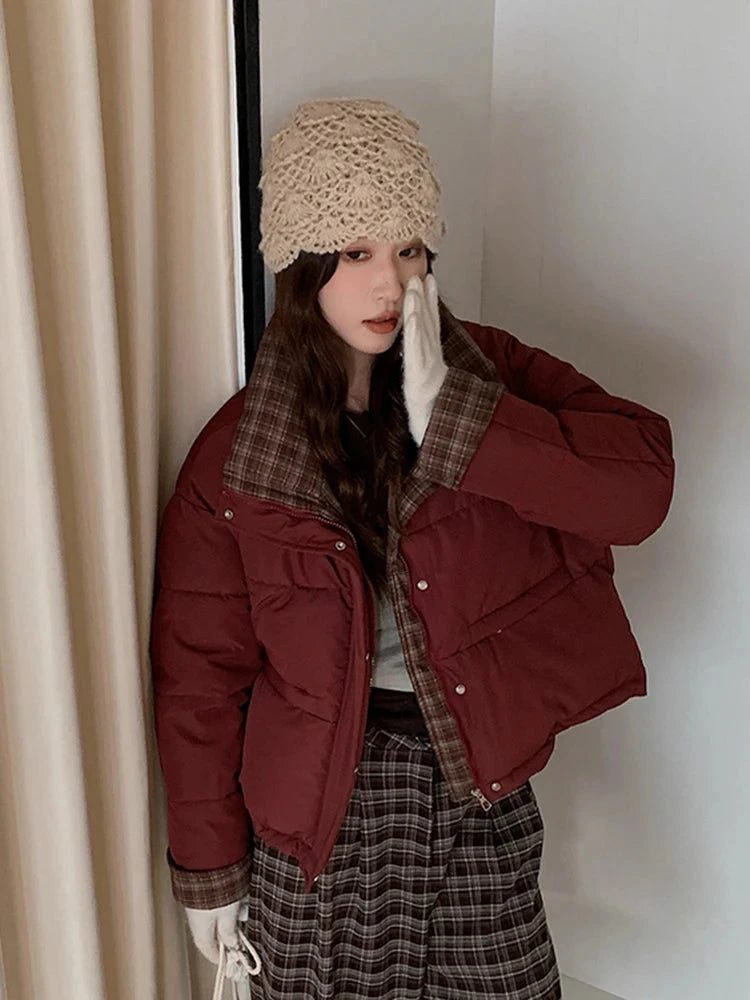 Winter Retro Puffy Parkas Women Warm Thick Plaid Patchwork Cute Coat Casual Preppy Style Korean Long Sleeve Cotton Jackets voguable