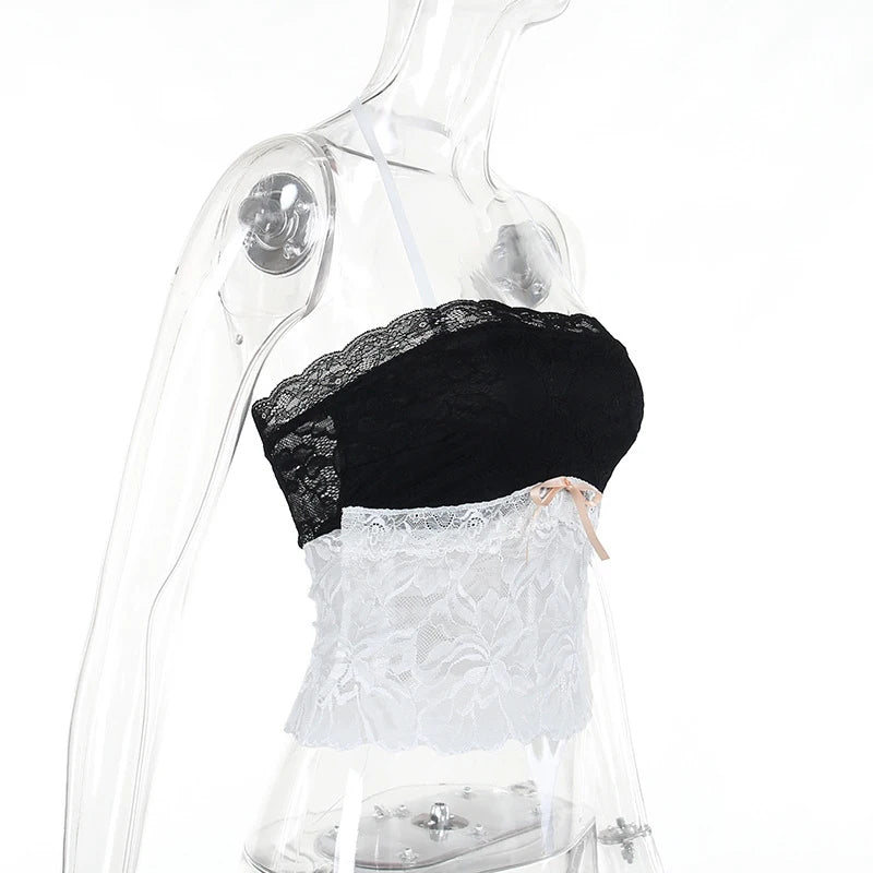 Voguable  Y2k Flower Lace Patchwork Trim Crop Top Female Fairycore Strappy Halter Sleeveless Backless Sexy Party Camisole with Bowknot voguable