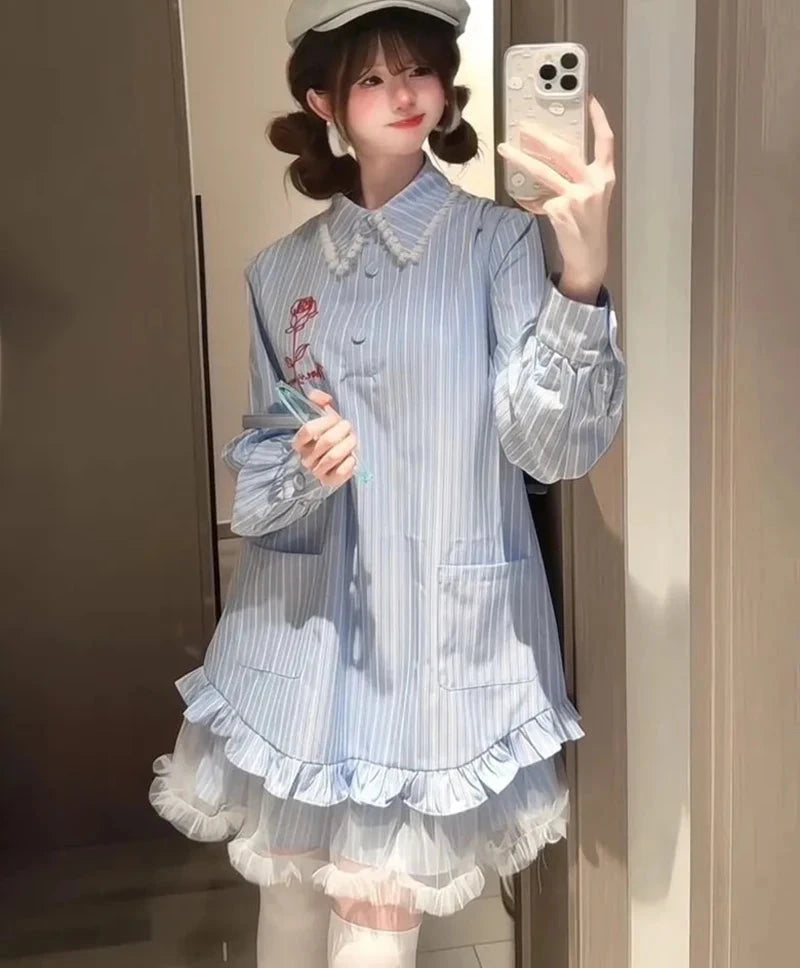 Lace Patchwork Striped Dress Women Sweet Floral Embroidery Mini Dress Fall Preppy Style Long Sleeve Cute Korean A Line Dress New voguable