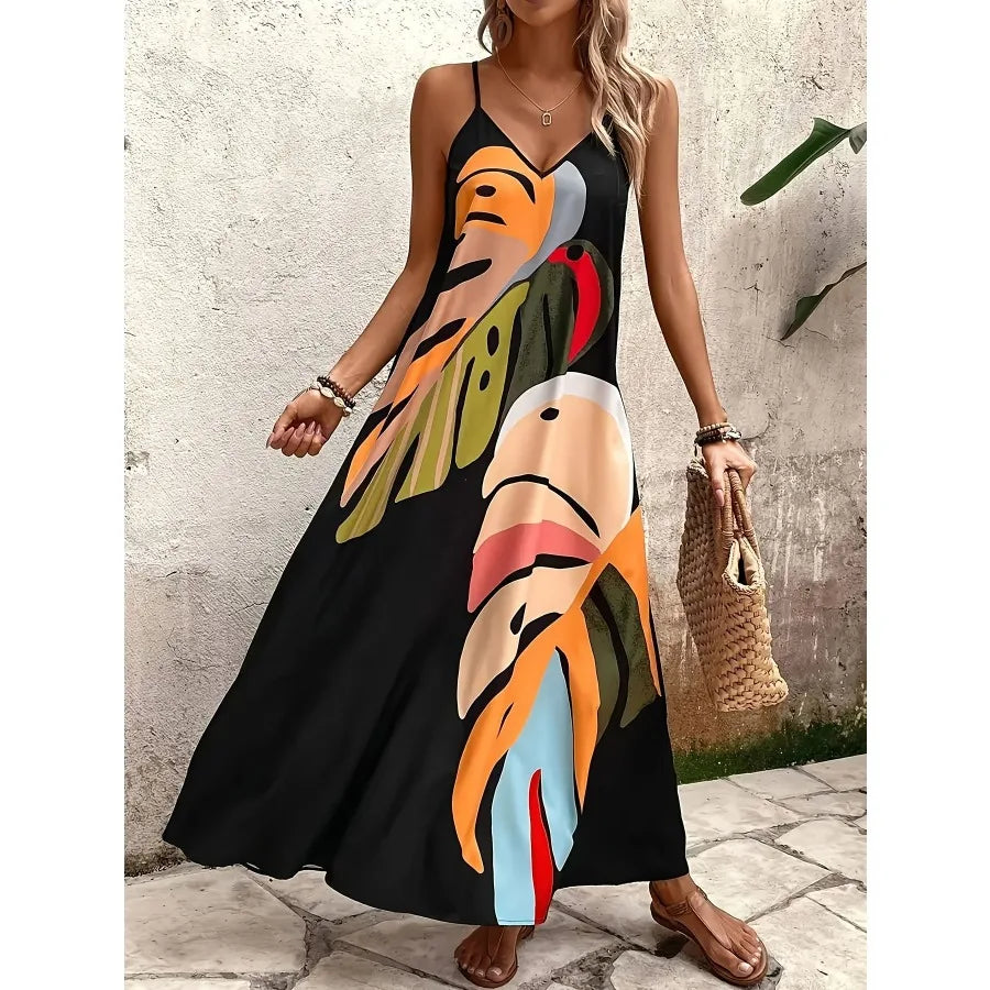 Voguable  summer fashionable vacation comfortable casual print V-neck suspender long dress all-match voguable