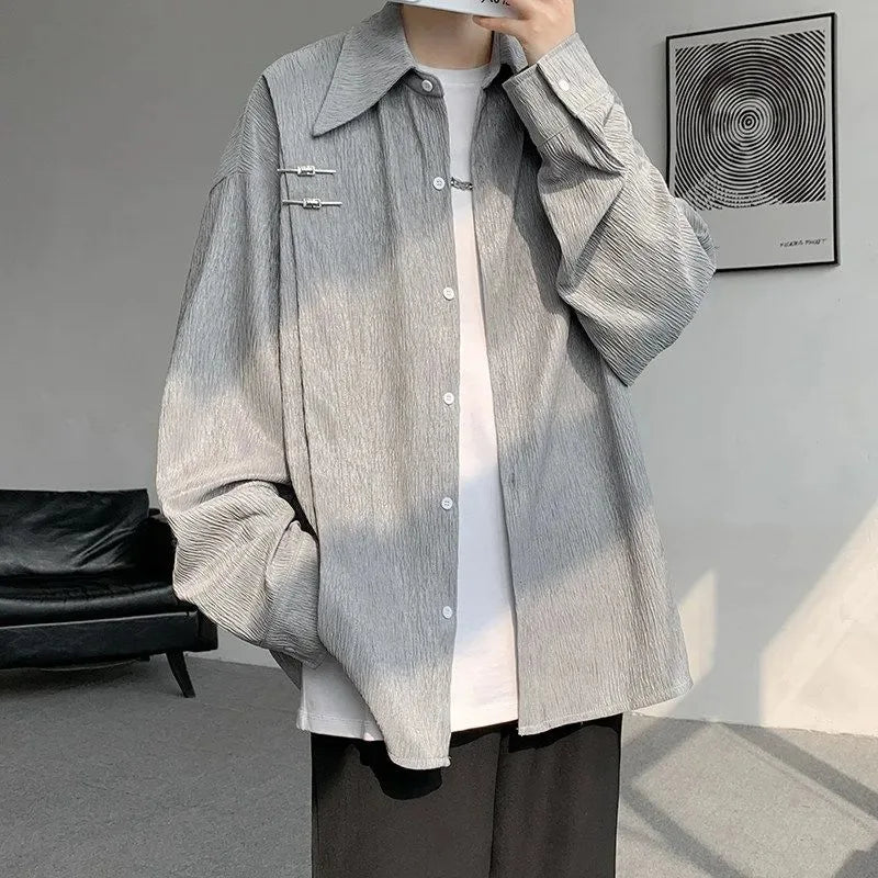 Voguable  Autumn Men's Burgundy Textured Long Sleeve Shirt Loose Fit Metal Detail Casual Blouse voguable