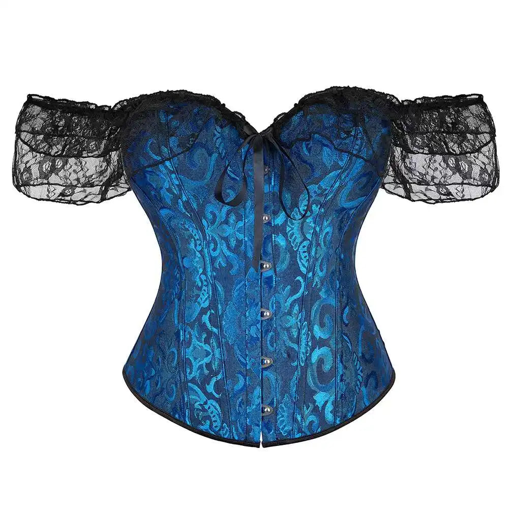 Voguable Womens Bustier Overbust Corselet Lace Up Short Sleeve Sheer Corset Bluse Costume Crop Top voguable