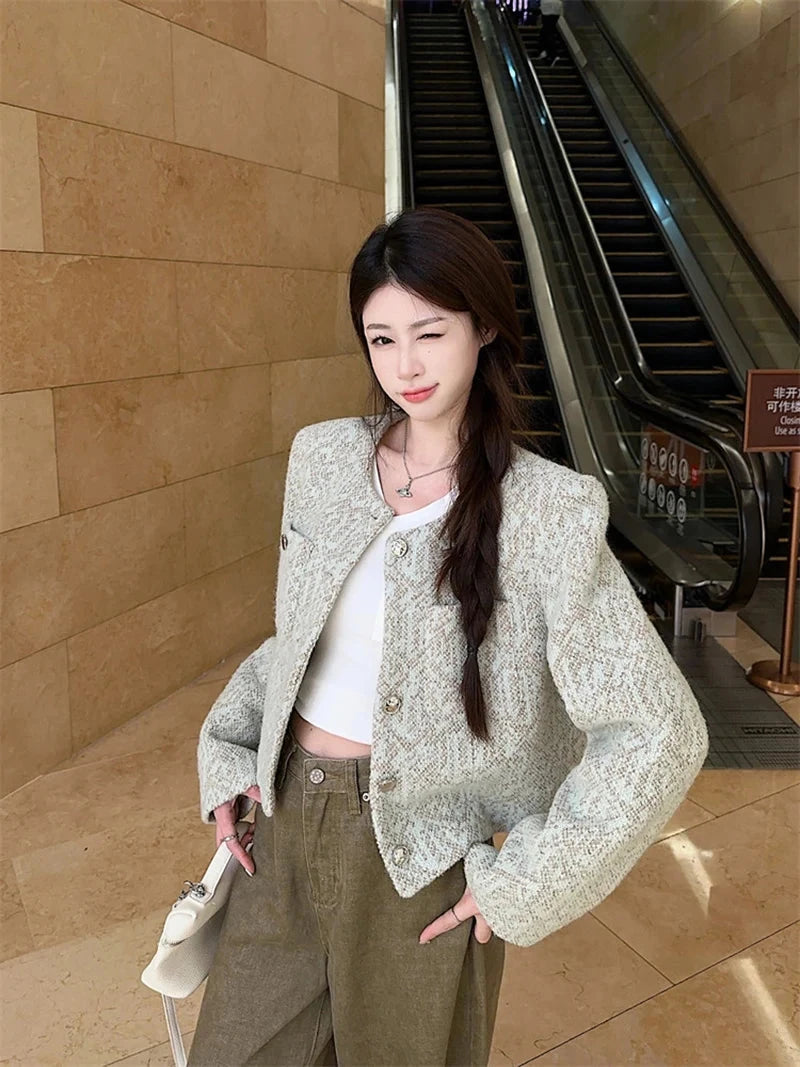 Sweet Women Slim Elegant Jacket Vintage Long Sleeve O Neck Fall Short Coat Korean Small Fragrance Single Breasted Lady Tops voguable