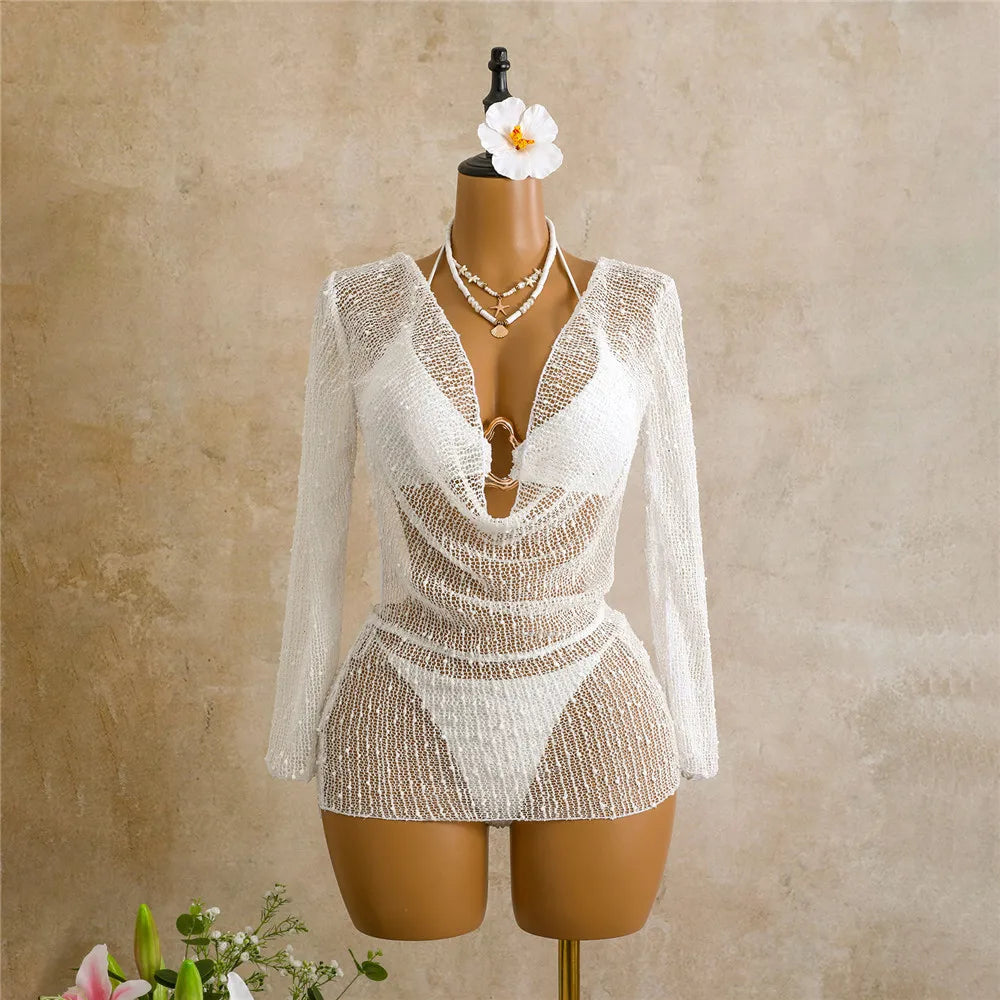 Voguable  Halter String Triangle Bikinis Sets 3 Pieces white mesh sequin long sleeve smock Swimwear Micro Thong Sexy Swimsuit Women voguable