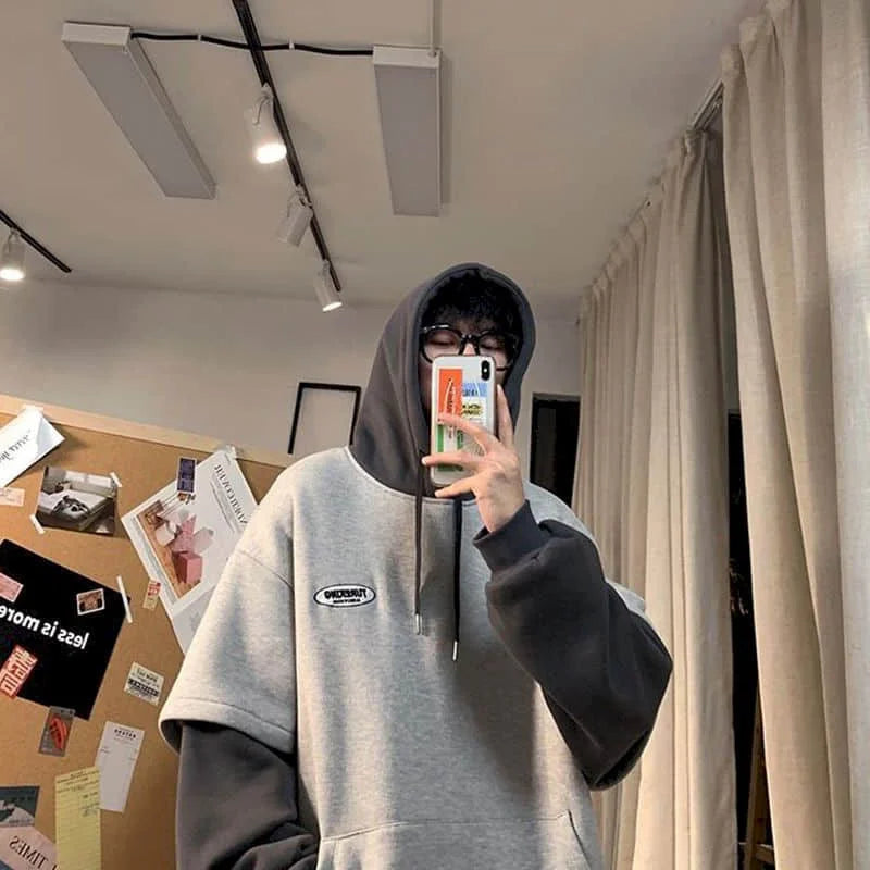 Voguable  Hoodies men fake two-piece sweatshirt autumn stitching Korean loose contrast color hooded long-sleeved black  white gray design voguable