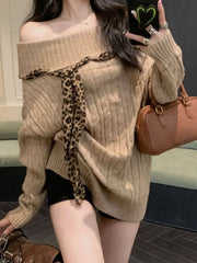 Sexy Off Shoulder Y2K Sweater Women Vintage Leopard Lace Up Knitted Jumper Casual Lazy Wind Long Sleeve Slash Neck Pullover voguable