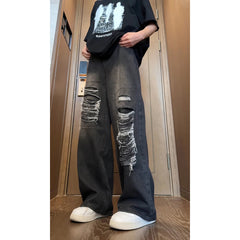 Beggar jeans men Vintage Streetwear Ripped Hole Jeans Men Women Harajuku Aesthetic Wide Leg Denim Trousers Unisex Straight Pants voguable