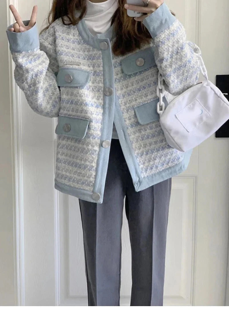Fall Women Sweet Tweed Jacket Vintage Casual Long Sleeve Elegant Coat French Cute O Neck Women Fall Winter Retro Tops New voguable