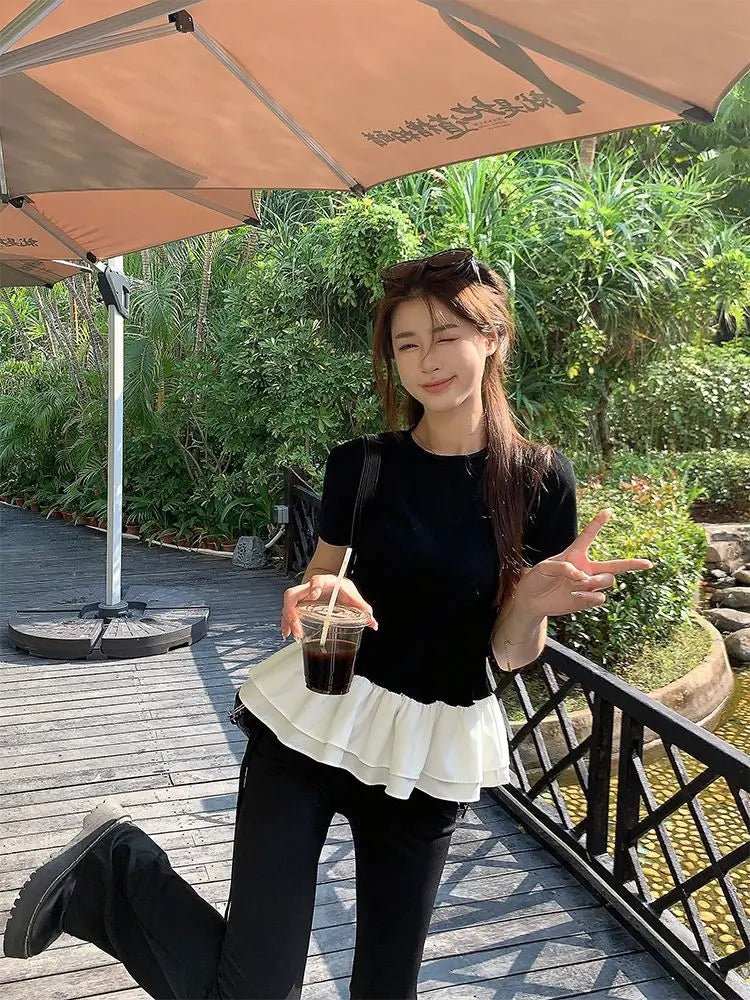 Women Patchwork Fringed Ruffles O-neck Cotton Tshirt Womans Summer Clothes Elegant Solid Shirt Women Slimming Short Sleeve Tee voguable