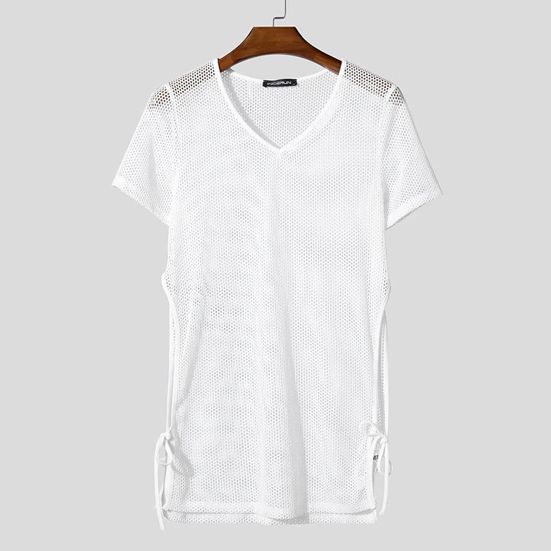 Men T Shirt Hollow Out Transparent V Neck Short Sleeve Male Tee Tops Solid Color Hollow Out Split Camisetas Streetwear voguable