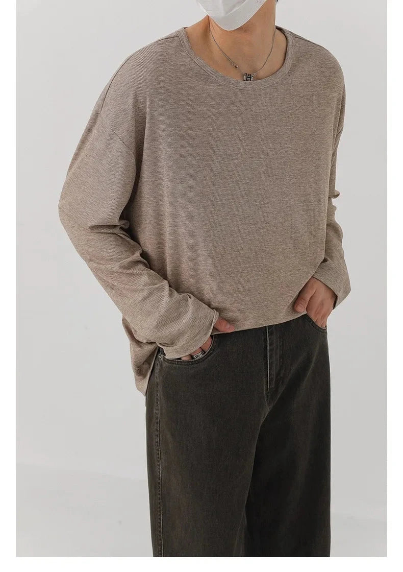 Korean Fashion Men T-shirt Luxury Knitted Solid Color Scoop Neck Long Sleeve Tees Casual Premium Quality Textured Knitwear M-3XL voguable