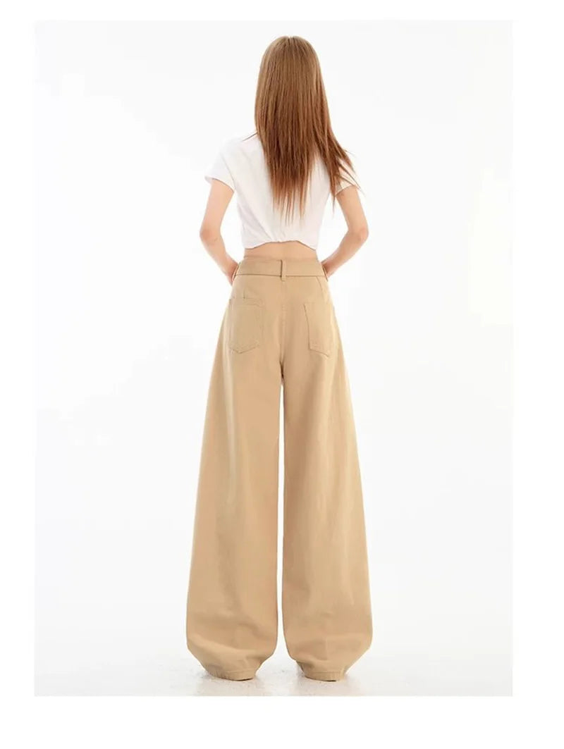Belt Retro Khaki Jeans Women Y2K High Waist Loose Streetwear Denim Pants Casual American Vintage Autumn Wide Leg Trousers voguable