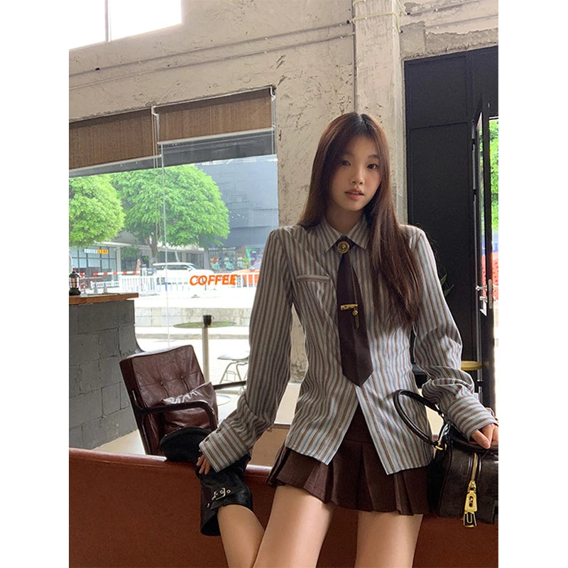 MEXZT Y2K Harajuku Striped Shirts Women Vintage Streetwear Tie Long Sleeve Blouses Korean Preppy Slim All Match Tops Spring New voguable