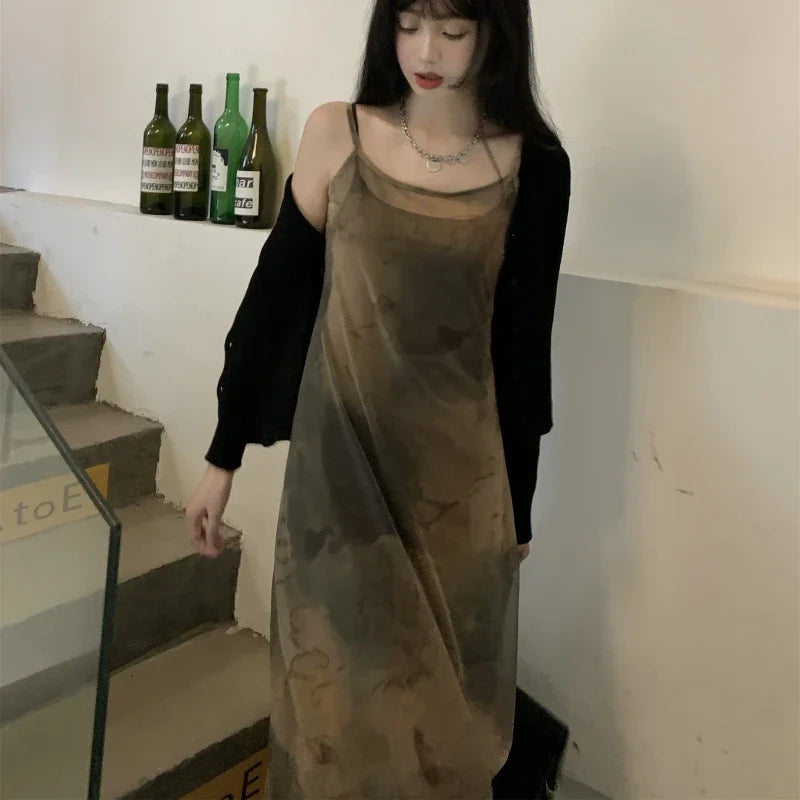 Voguable Tie-dye Gauze Suspender Dress Women 2024 Spring Korean Retro Strapless Mid-length Dress + Black Knitted Cardigan Two-piece Suit voguable