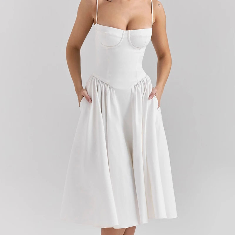 Women Sexy Spaghetti Straps Red Evening Party Dresses Pretty Girl Low Waist Flare And Flare Birthday Dresses Cotton voguable