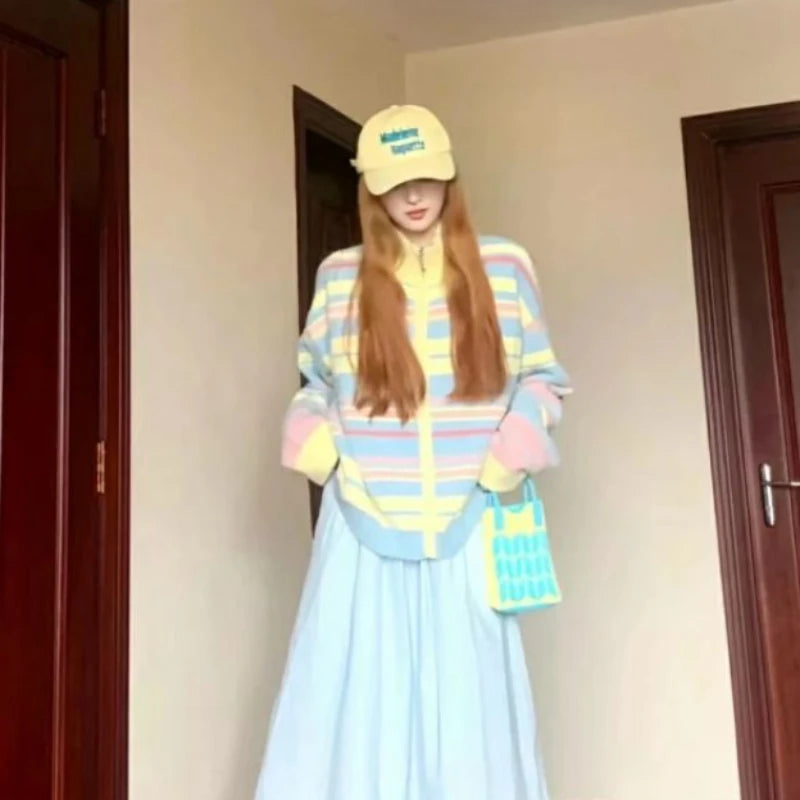 Striped Knit Splice Zipper Stand-UP Collar Sweater Autumn Winter Oversized Pullover Knitwear Women Soft Sweet Simple Cardigan voguable