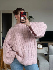 Elegant Sweet Pink Round Neck Knitted Sweater Women Casual Long Sleeve Loose Warm Pullover 2024 New Autumn Lady Commute Knitwear voguable