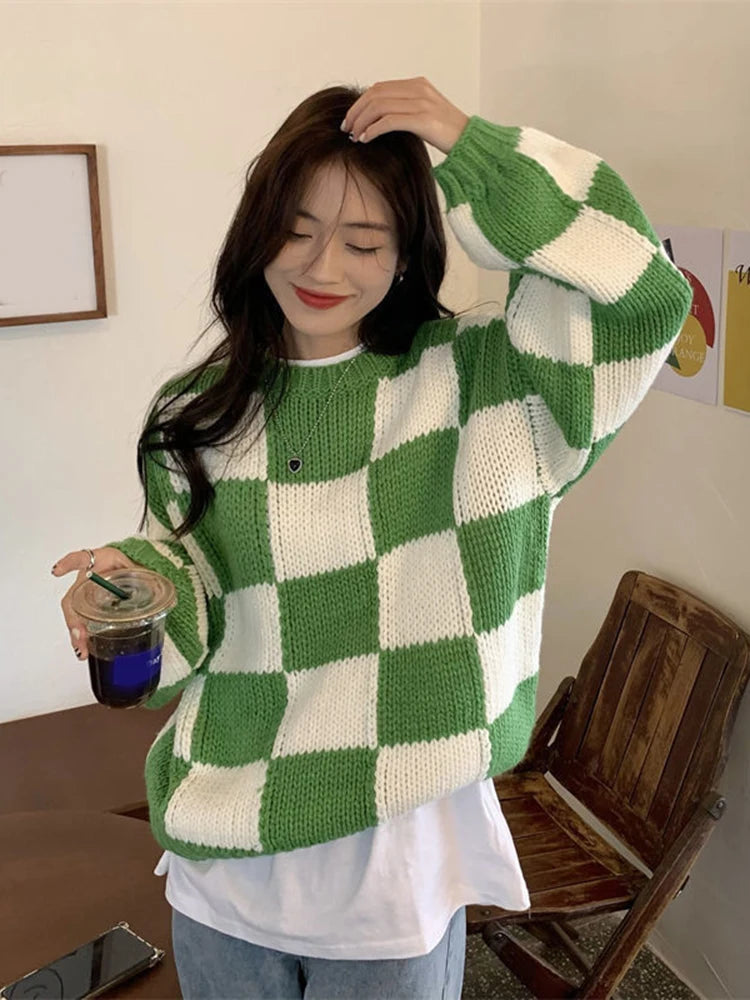 Voguable  Japan Vintage Women Plaid Sweater Oversize Loose Lazy Wind Knitted Pullover Preppy Style Casual Harajuku Fall Winter Top voguable