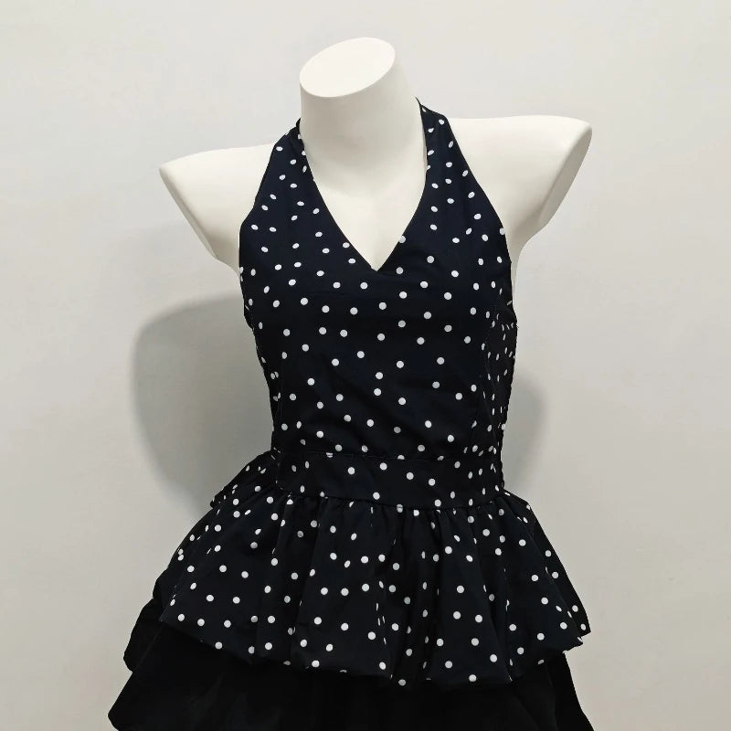 Voguable  Summer Polka Dot Minority Print Sets Tanks Stretch Waist Ball Gown Cake Skirts Slim Small Fellow Age Reduction Dresses voguable