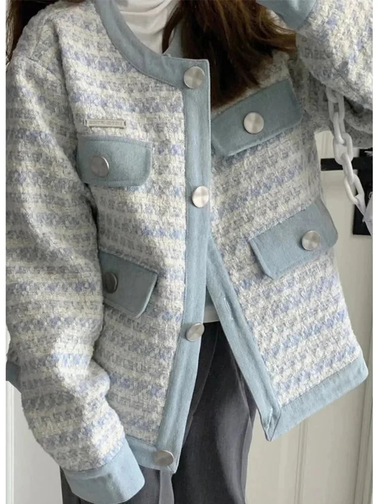 Fall Women Sweet Tweed Jacket Vintage Casual Long Sleeve Elegant Coat French Cute O Neck Women Fall Winter Retro Tops New voguable