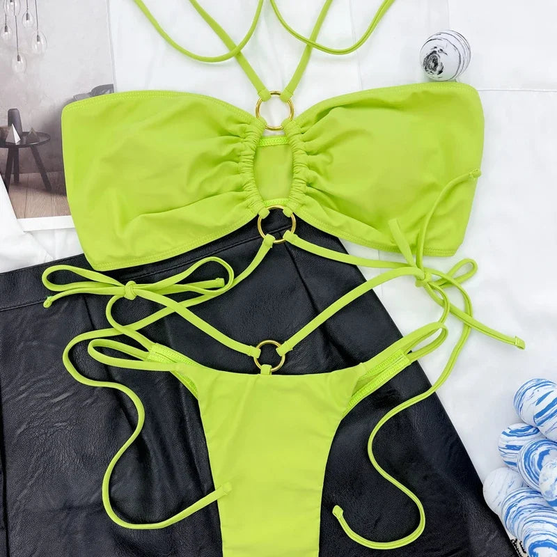 Voguable  Pleated Fabric Bikini Sexy Cross Bandage Halter Swimwear Two Piece Bikini Summer Cut Out Bathing Suit High Waist Beachwear voguable