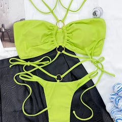 Voguable  Pleated Fabric Bikini Sexy Cross Bandage Halter Swimwear Two Piece Bikini Summer Cut Out Bathing Suit High Waist Beachwear voguable